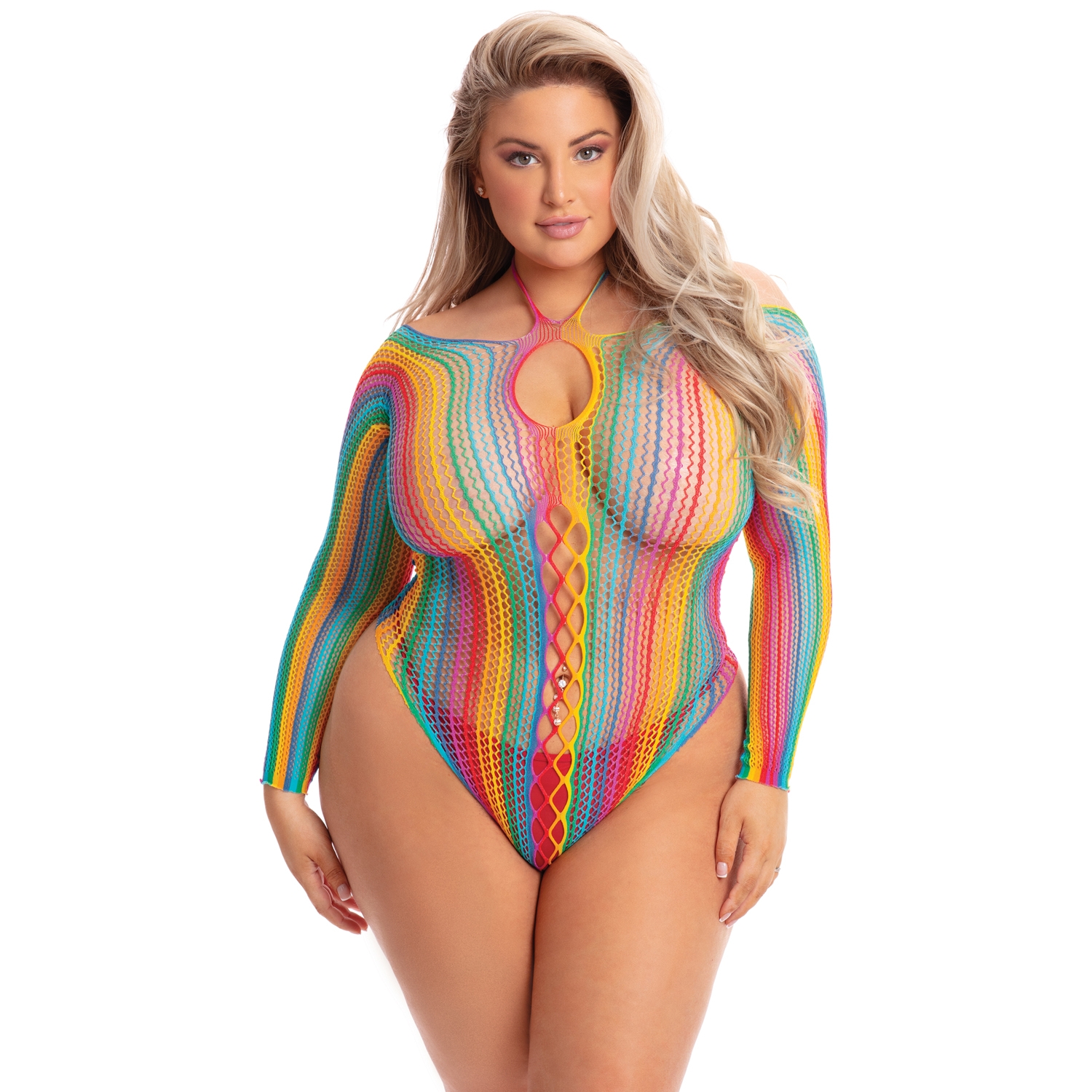 Pink Lipstick Multifarvet Langærmet Bodysuit Plus Size - Flere Farver - Plus Size
