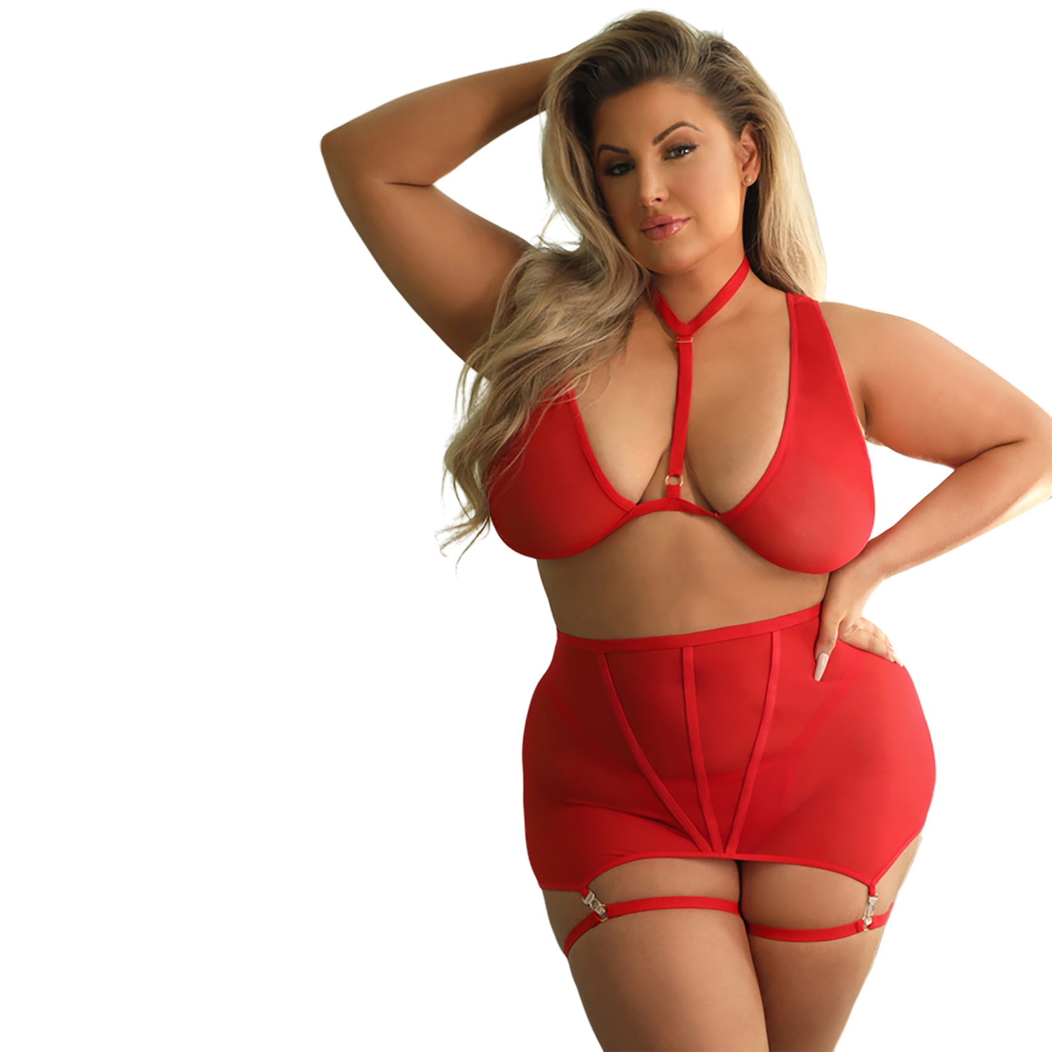 Fantasy Lingerie Tease Vaughn Bralette Nederdel Med Strømpestropper  G-streng Plus Size - Rød - 3xl4xl