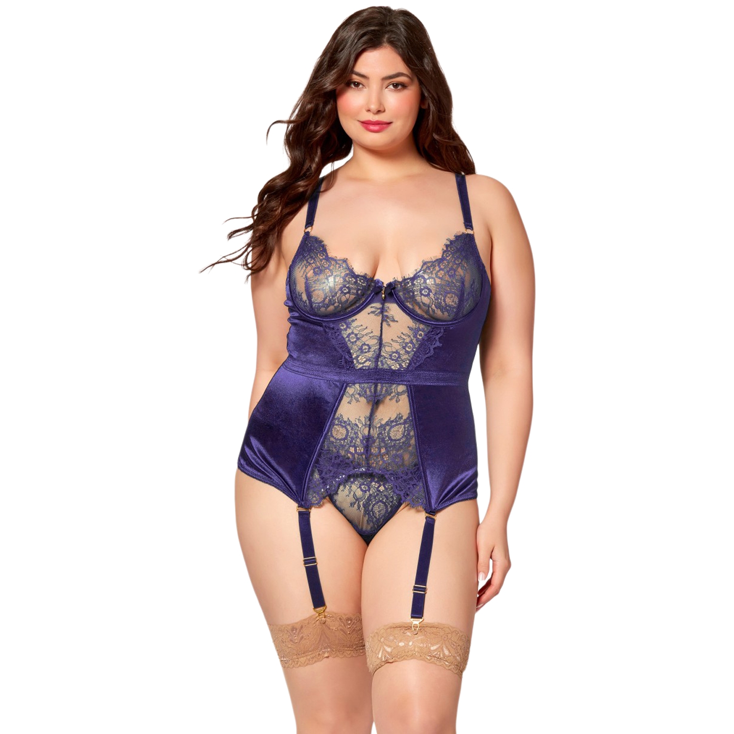Seven Apostil Midnight Two Piece Satin  Eyelash Bustier Og G-streng Sæt Plus Size - Mørkeblå - Xl2xl