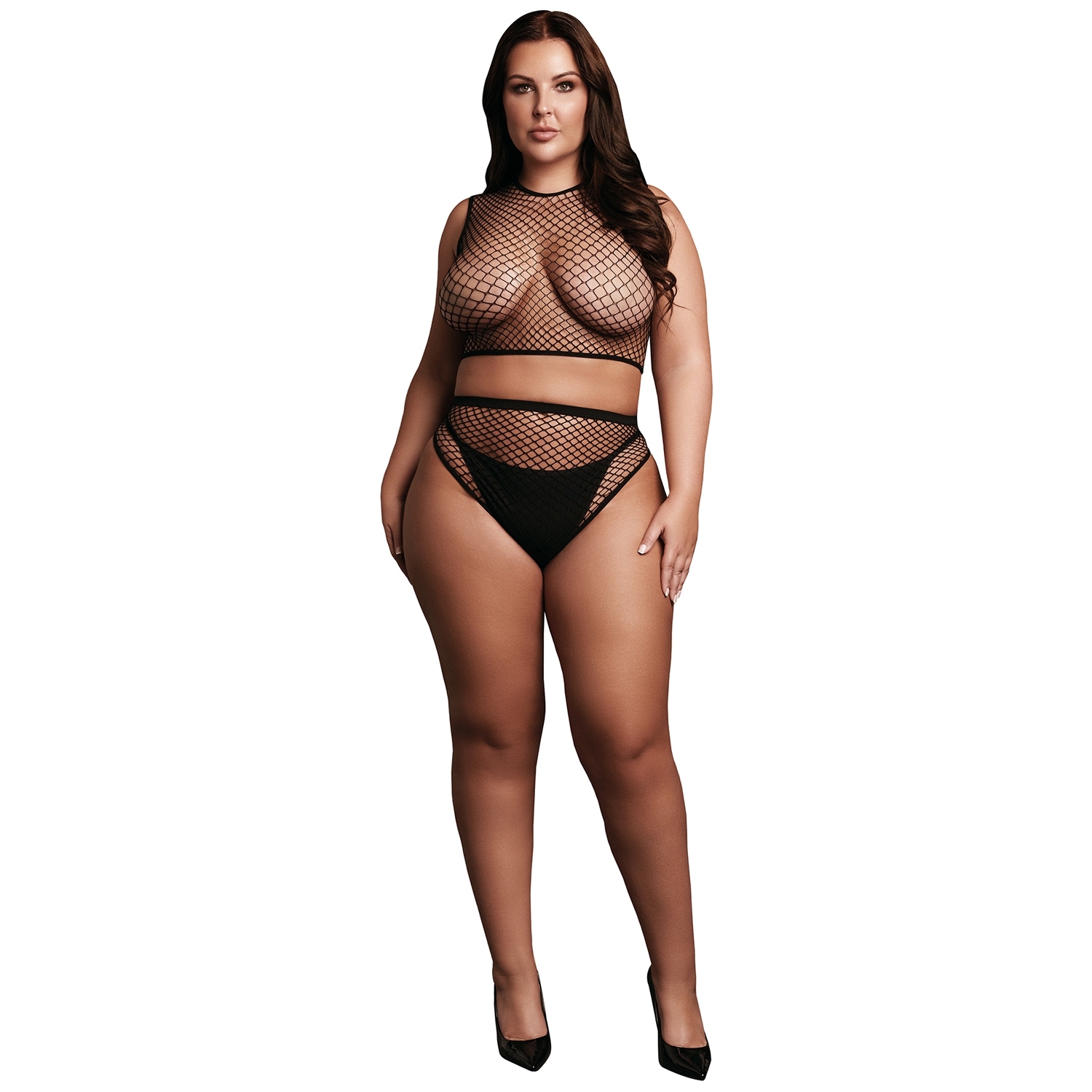 Le D?sir 2-delt Crop Top Og Fiskenet Trusser Sæt Plus Size - Sort - Plus Size
